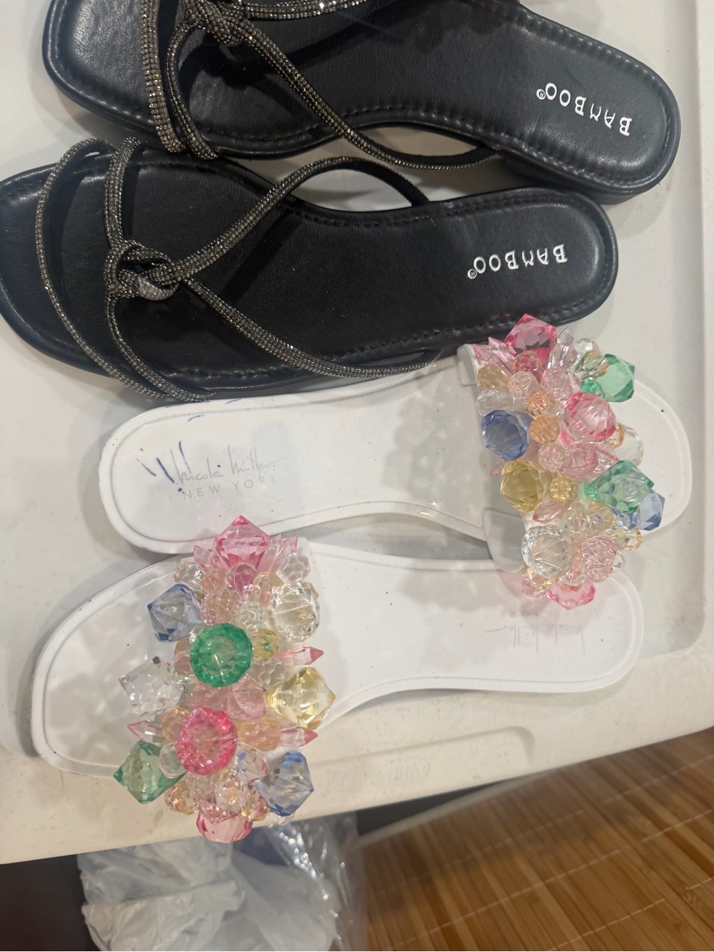 Nicole Miller White Jelly Sandals with Colorful Gem Clusters